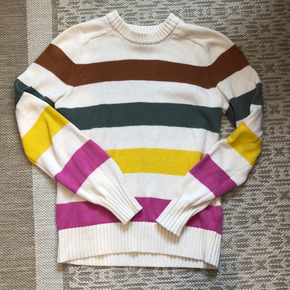 Women's Cream Striped Crewneck Sweater with Multi-Color Bands